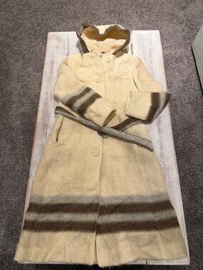 Vintage Niccolini Cream Brown Stripe Hooded Belted Wool Face Coat Est Small
